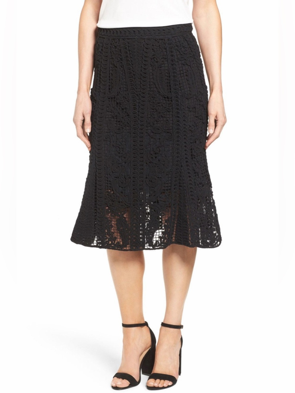 Kobi Halperin Courtney Black Crochet Lace A Line Midi Skirt Godet Flare Size 8